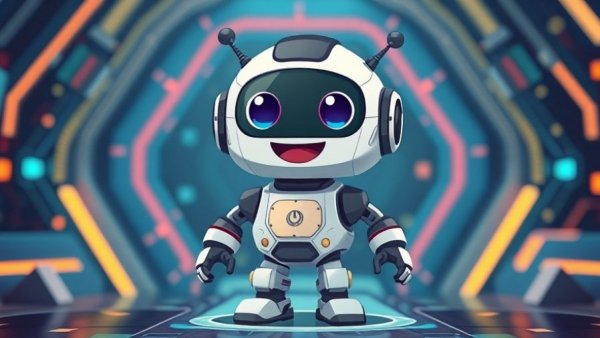 Cartoon robot in 3D tech design, cheerful and futuristic background.