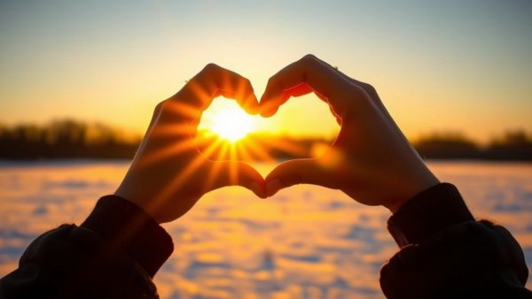 Silhouette of person forming heart with hands in sunrise, highlighting health benefits of natural light.
