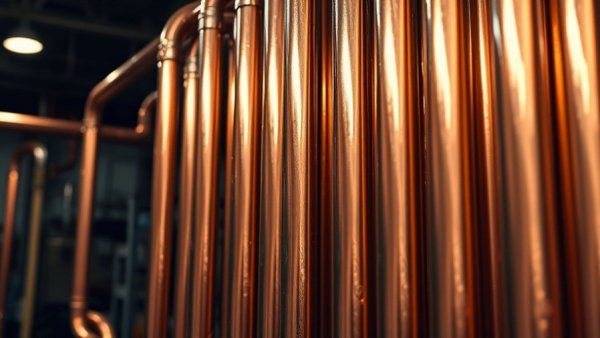 Shiny copper pipes reflecting industrial lighting in a factory.