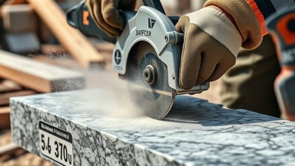 Worker using a saw on granite, illustrating silicosis prevention.