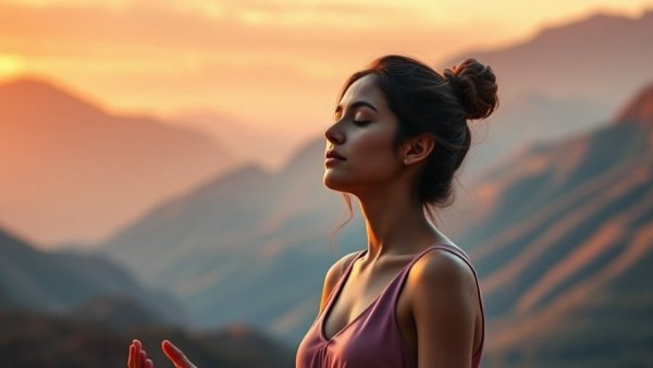Serene woman meditating amid colorful landscape, coping with chronic stress.