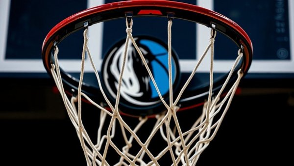 Dallas Mavericks hoop with logo, vibrant close-up detail.