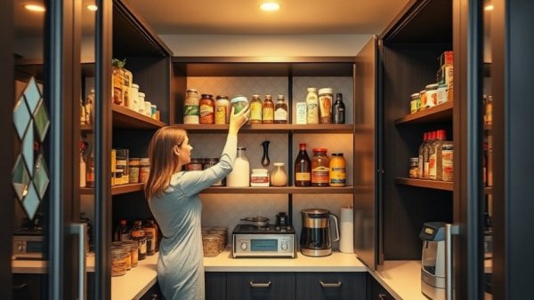 Modern pantry with a woman organizing shelves, showcasing evolved pantry usage.