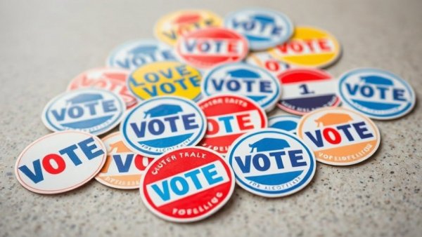 Colorful voting stickers emphasizing civic engagement in the Texas Senate race.
