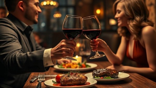Romantic dining scene with wine toast and gourmet steak for DFW Valentine’s Day Menu.