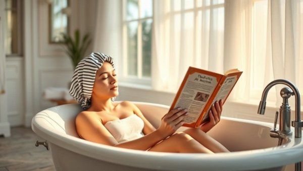 Winter skin and hair care tips: woman relaxing in bathtub with book.