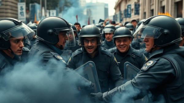 Stop ICE in Minnesota protest with police and demonstrators in smoke.