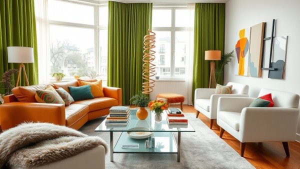 Eclectic modern living room with faux fur blankets and vibrant decor.