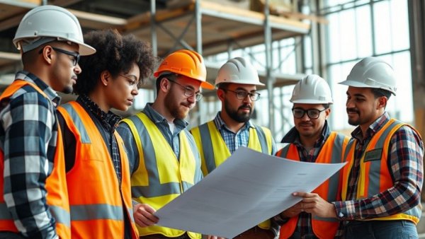 New leadership in construction team discussing plans on site.