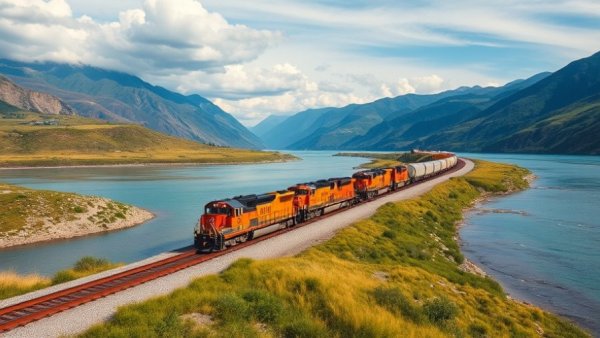Freight train by river highlighting Federal Railroad Administration safety.
