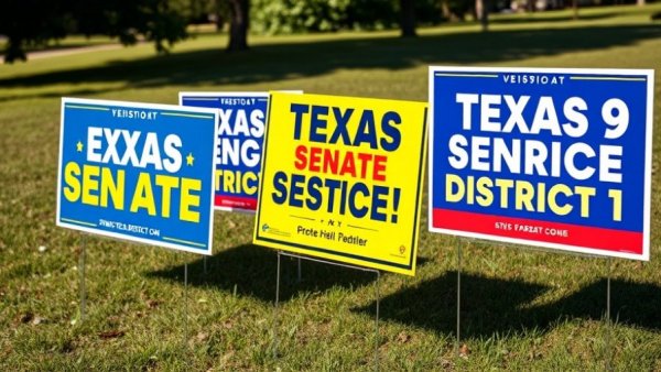 Texas Senate District 9 campaign finance signs in grassy area.