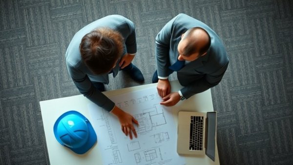 Engineers discussing blueprints for seismic retrofitting project in Los Angeles.