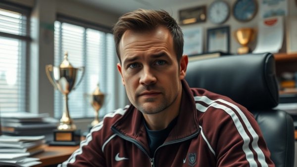 Man sitting at desk in office with trophies and papers.