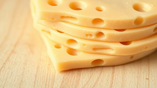 Close-up of Swiss cheese slices with holes.