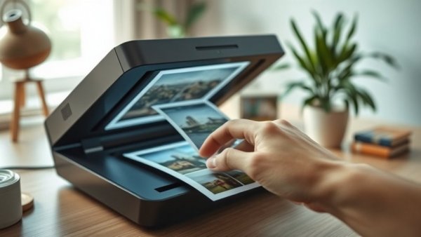 Digitizing old photos with a scanner on a white countertop