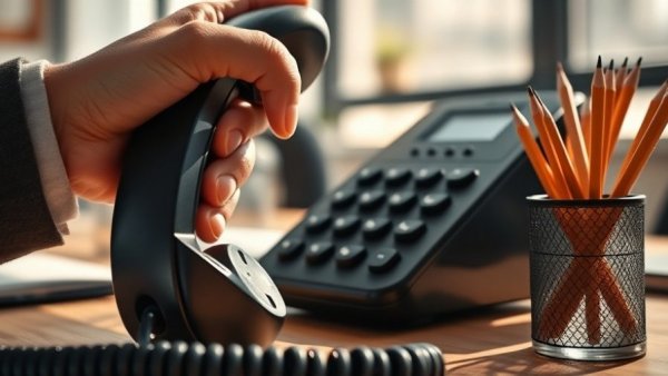 Hand lifting a landline handset, Kari's Law compliance in office environment.
