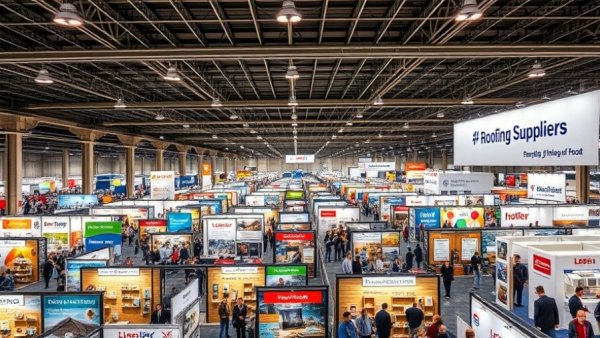Roofing suppliers' booths at IRE 2026 trade show.