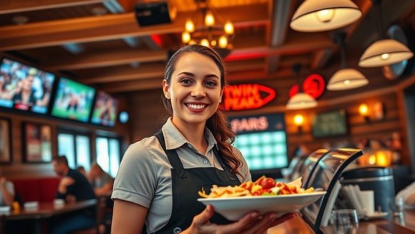 Twin Peaks waitress serving food in a bustling restaurant