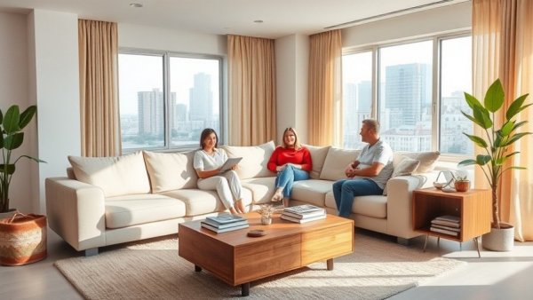 Modern living room with light beige sofa and gray vinyl flooring.