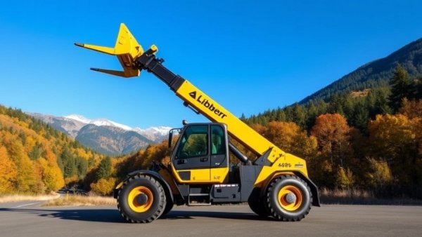 Liebherr T48-8s Telehandler with lifted bucket in forest setting.
