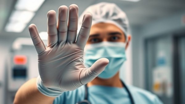 Healthcare worker signaling stop for violence prevention signage in ERs.