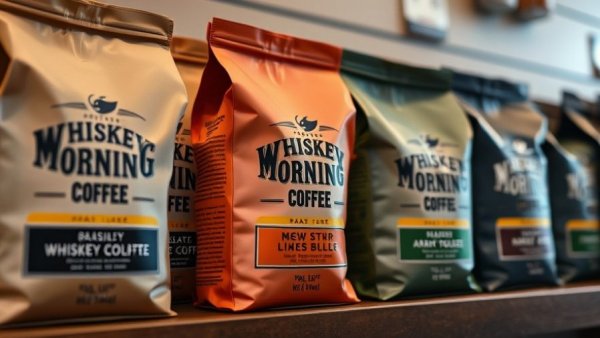Close-up of Whiskey Morning Coffee bags neatly displayed, Fort Worth brand.