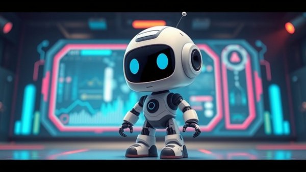 Cartoon robot with digital interface background, futuristic design.