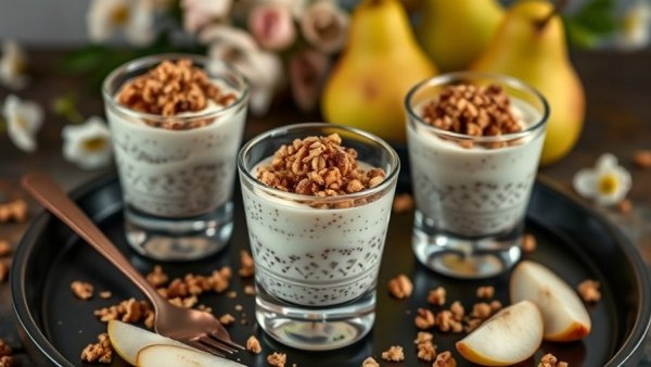 Spiced pear and chia pudding parfaits with granola topping on a dark tray, inviting ambiance.