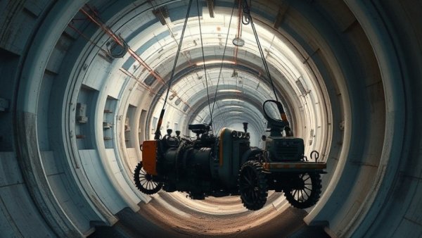 Advanced machinery suspends in tunnel for water supply construction.