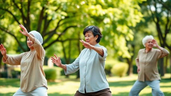 Elderly women practicing Tai Chi in a sunny park for insomnia relief.