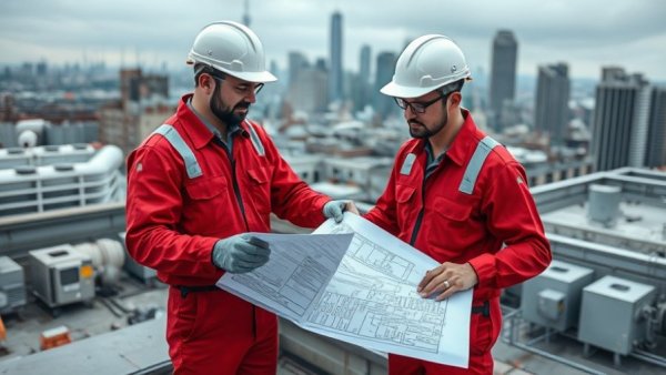 Engineers discussing HVAC systems on a rooftop, city skyline in background.