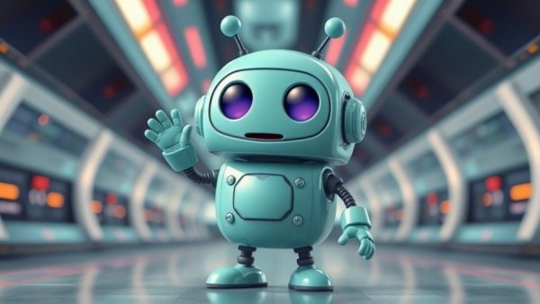 Cartoon robot in a futuristic setting, waving cheerfully.