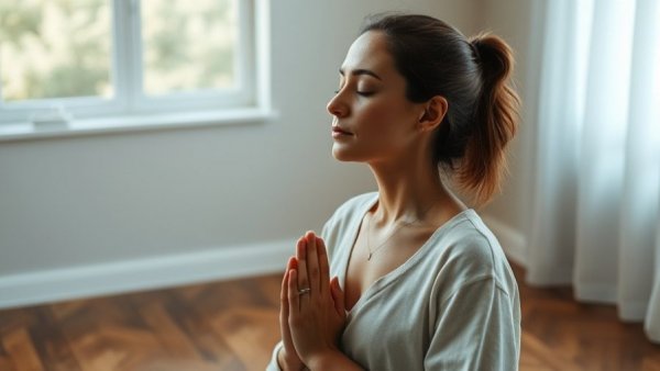 Third places for winter wellness: Woman meditating indoors.
