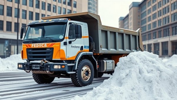 Industrial truck clearing snow, urban construction costs.