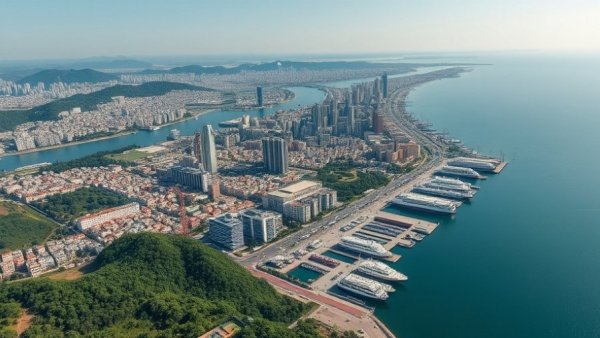 Aerial view of Brazilian port city highlighting urban development and river, Brazil immersed tube tunnel Public private partnership.