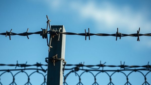 Barbed wire on fence symbolizing deaths in ICE detention centers, clear sky backdrop.