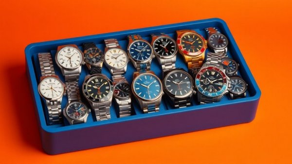 Budget-friendly watch collection in a blue case against orange.
