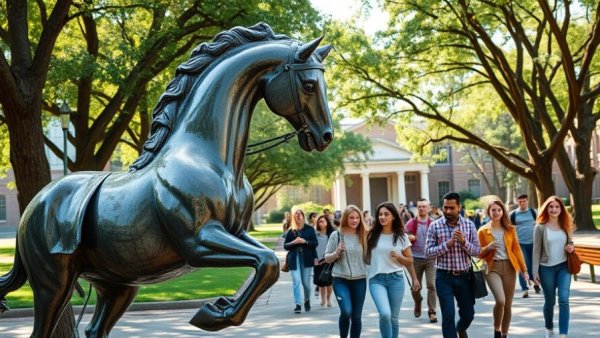 UTA campus with vibrant sculpture and students, related to academic program review cuts.