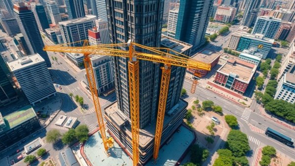 Aerial construction site view illustrating stop-work authority in urban area.