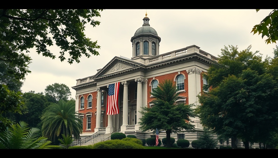 Iconic building symbolizing government authority, lush surroundings.