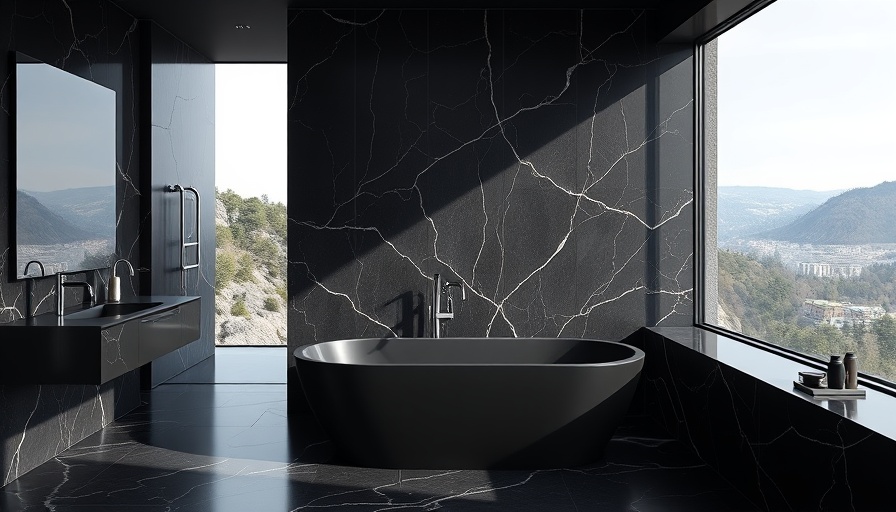 Modern bathroom with natural stone finishes and elegant black bathtub