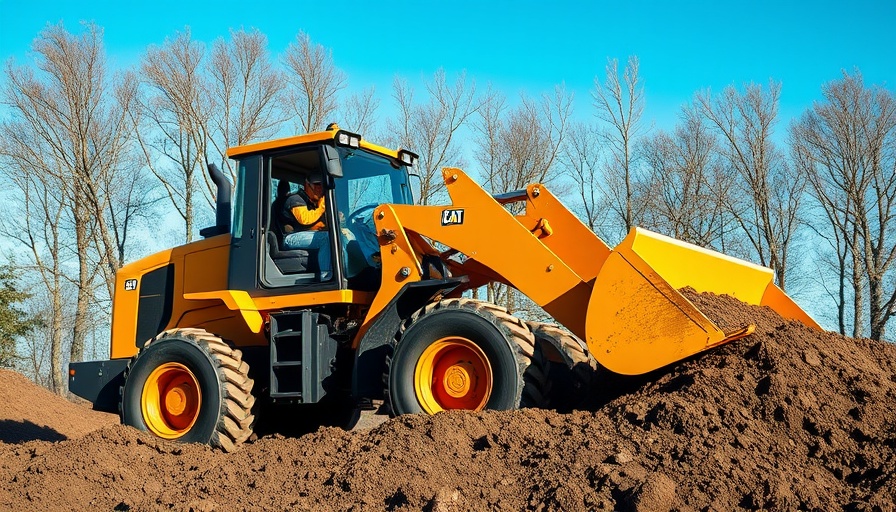 Modern construction loader moving soil in a natural setting.