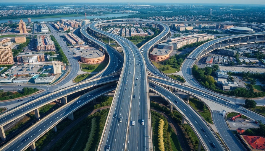 Highway interchange with cars, aerial view of a suburban area.