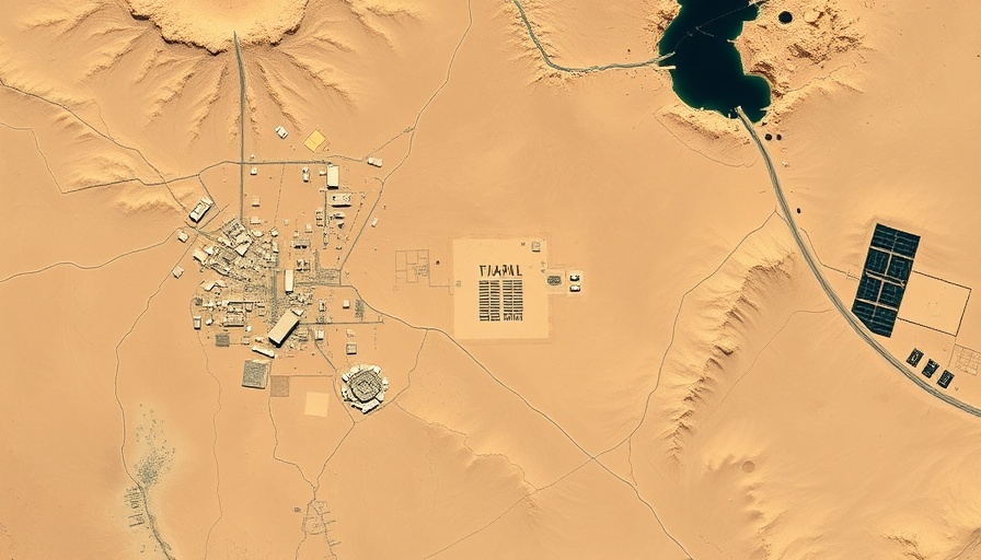 Satellite image showing desert region with buildings and roads.