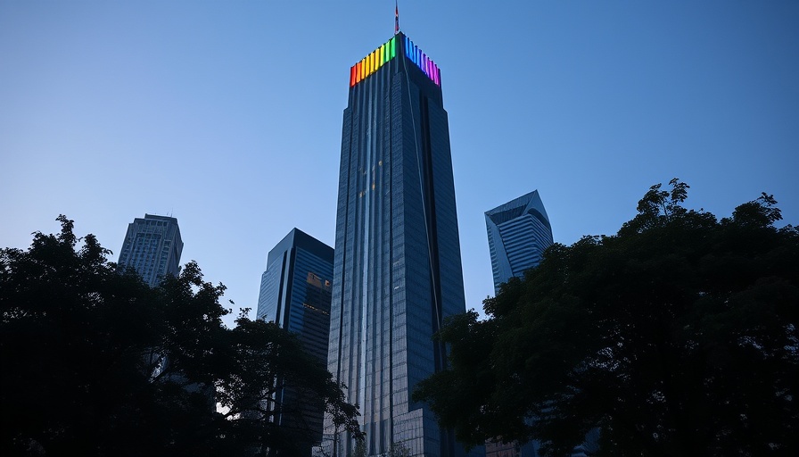 Fort Worth building with rainbow lights for Pride Month celebrations in the evening.