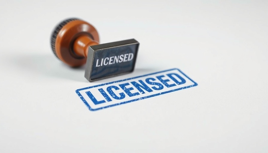 3D rendering of a 'LICENSED' stamp and blue impression on paper.