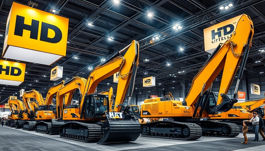 HD Construction Equipment merger displayed at convention center.