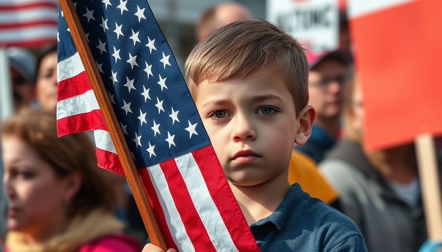 Young immigrant child holding American flag in protest crowd, highlighting Republican policies endangering immigrant kids.