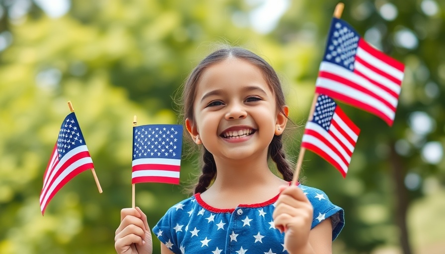 Young girl celebrating Fourth of July with flags, July Fourth traffic safety.