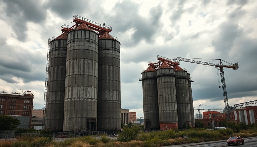Damen Silos demolition site in Chicago with crane and skyline.